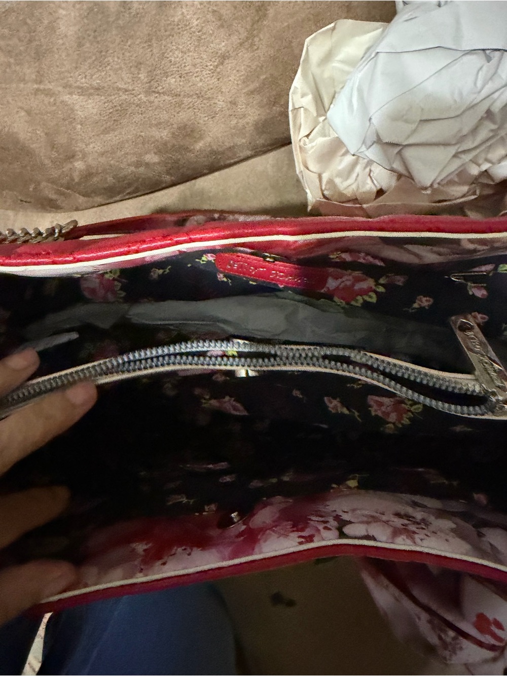 Quilted Red Top-Handle Tote with Floral Scarf - Picture 5 of 8